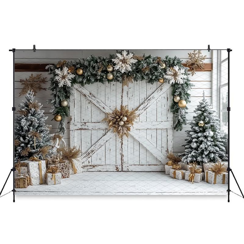 Mocsicka Weihnachten Fotografie Hintergrund Winter Schnee Weihnachtsbaum Weiße Tür Dekoration Frohes Neues Jahr Party Foto Kulisse Banner