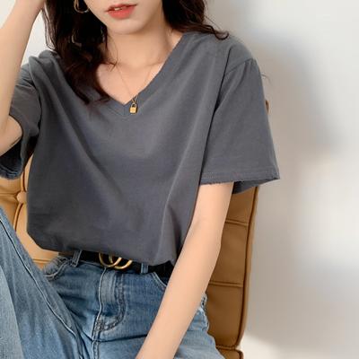 Pure Cotton V-neck Short-sleeved T-shirt for Women, 2024 Spring and Summer New Loose Korean Style Bottoming White Half-sleeved Top
