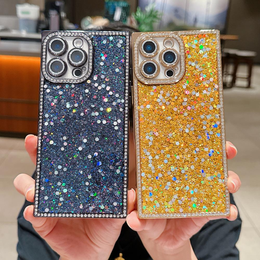 Epoxy mobile phone case with side drill glitter is suitable for Apple 17promax square iPhone16 new 15.