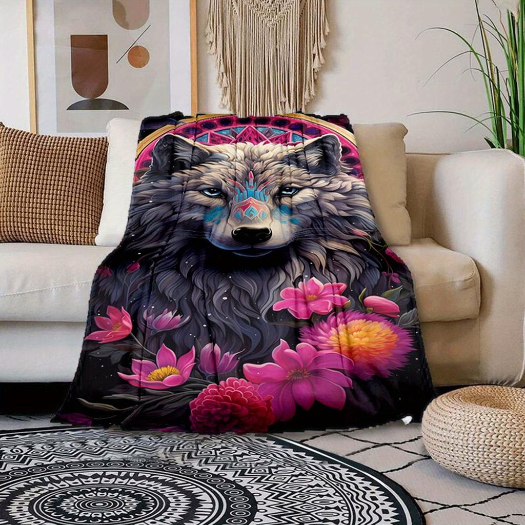 1 kuschelige Flanelldecke mit Wolfsmuster für Sofa, Bett, Reisen, Camping, Wohnzimmer, Büro, Couch, Stuhl