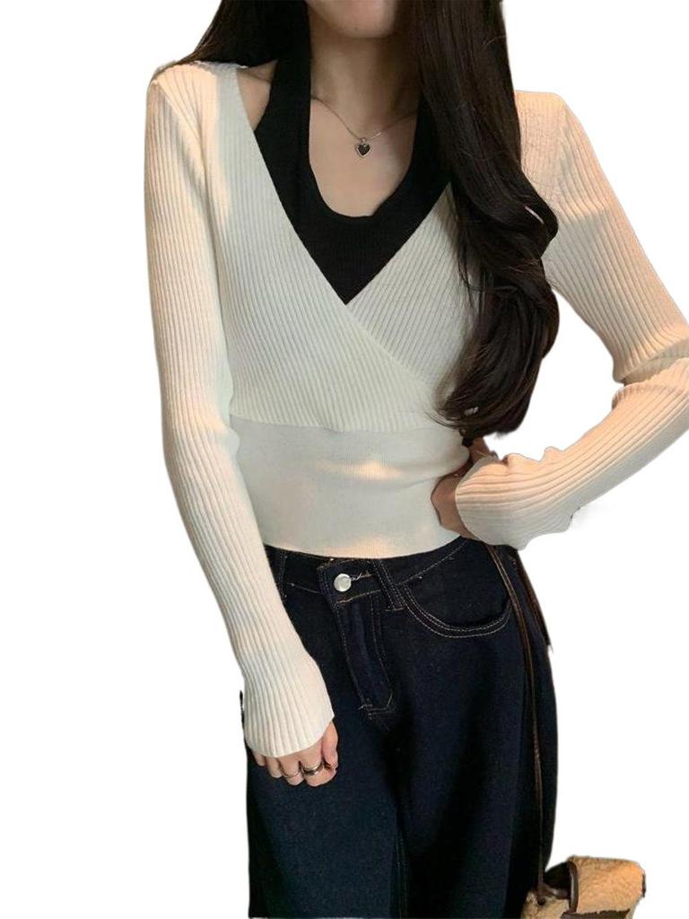 New Korean Color Block Layered Halter Knit Sweater - Women's Slim Fit Short Top for Autumn/Winter Collection.