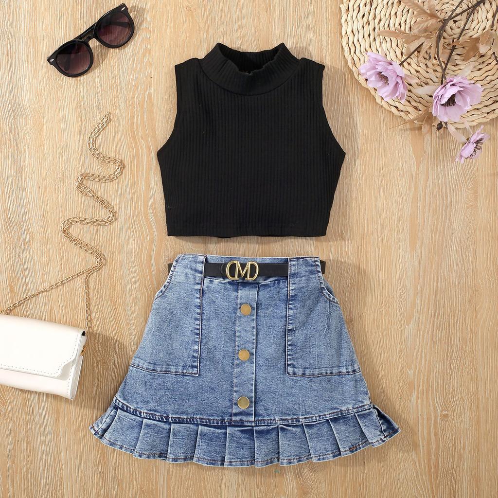 Girls' Fashion Set, Summer Children's Casual Solid-color Sleeveless Top, Denim Pleated Skirt Set, Belt