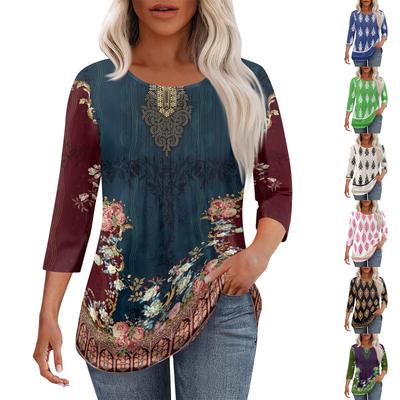 T-shirt Haut Décontracté Plissé à Col Rond à Manches Sept Quarts à Imprimé Floral Décontracté Tendance pour Femmes