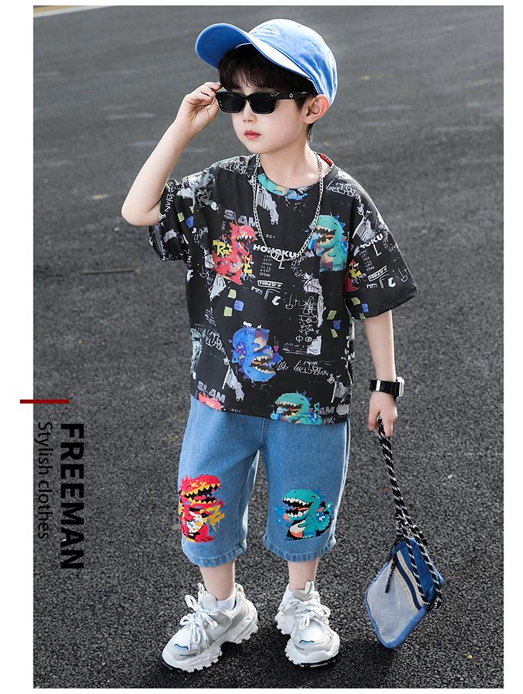 Boys' Summer Set 2026 New Style Rascal Trendy Children's Dinosaur Short sleeved T-shirt Men's Treasure Summer Half sleeved Clothes