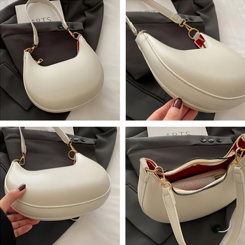 Ladies' Crescent Shaped Crossbody Bag with Detachable Adjustable Shoulder Strap, Magnetic Closure, and Gold Hardware Accessories Shoulder Bag