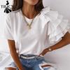 Blusas y camisas de manga corta con cuello redondo y estampado de Color sólido para mujer, informales, a la moda, verano y primavera