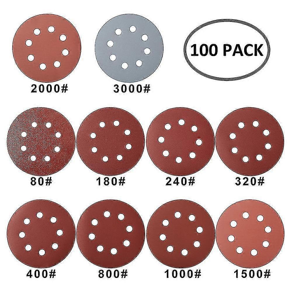 100pcs 125mm Sandpaper Sanding 8 Hole Discs Round Shape Hook Loop Sanding Paper Buffing Sheet Sander Polishing Pad