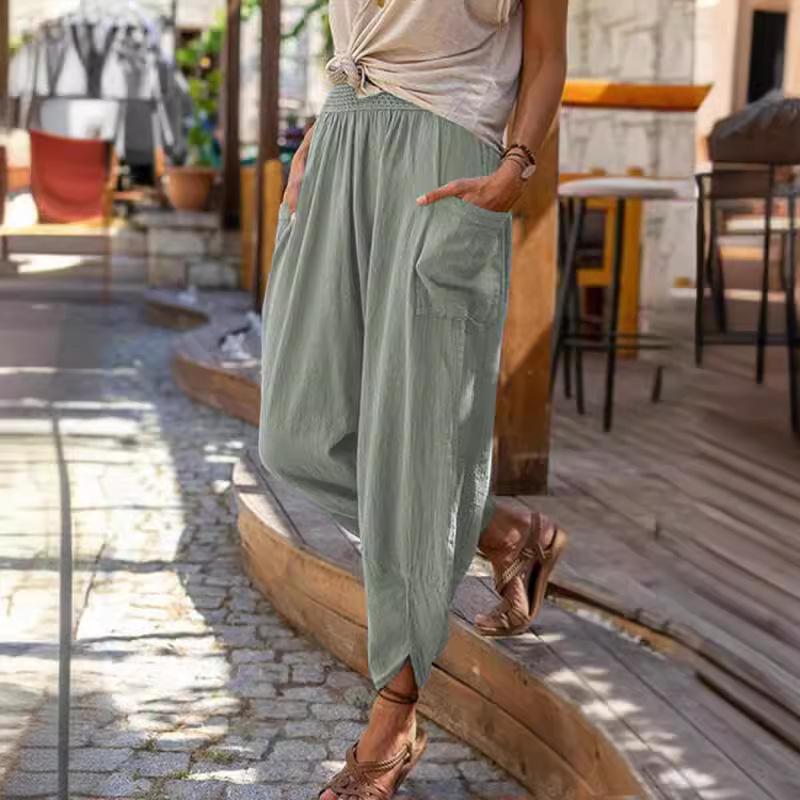 

Женские весенне-летние винтажные бохо хлопково-льняные пляжные брюки женские с высокой талией однотонные свободные с карманами повседневные брюки XXL зелёный