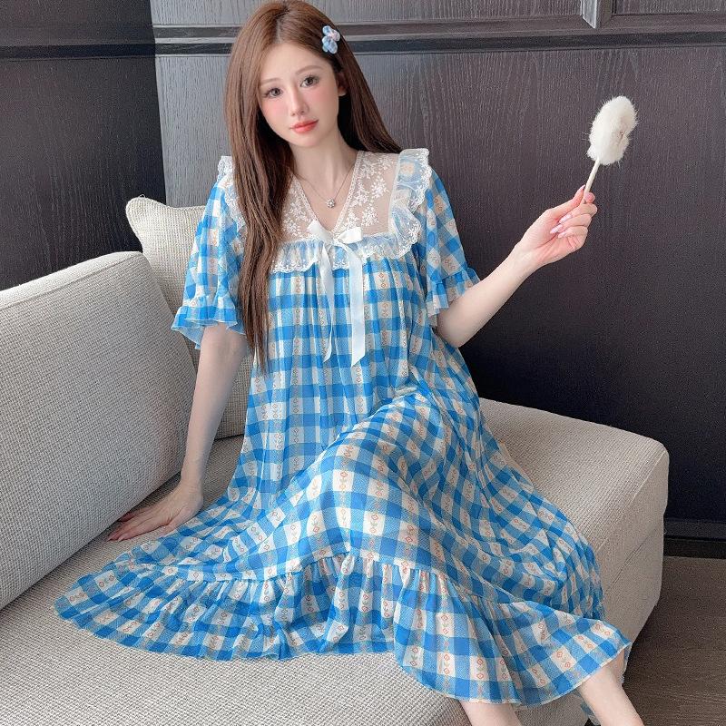 Linglei Summer Printed Lace Bow Mesh Court Princess Style Long Nightdress Pajamas Loungewear Women