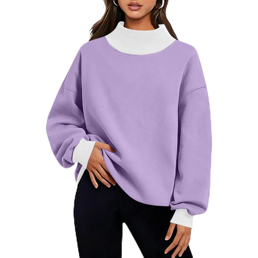 Women's Fashion Color Block Neck Long Sleeve Sweatshirt Casual Pullover Top