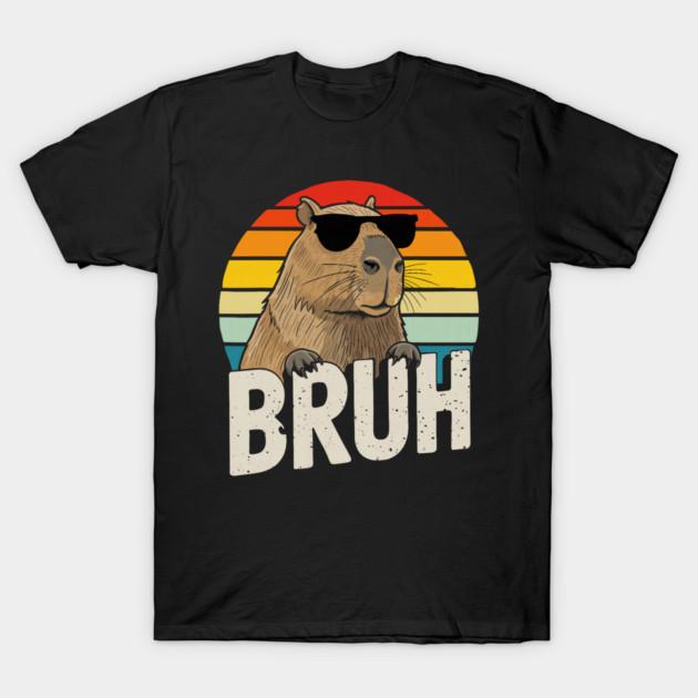 Asian Size Cotton Unisex Tshirt Print T-shirt Retro Sunglasses Capybara Bruh Funny Animal Meme Capy Boys T-shirt No-Cut Print Regular Fit