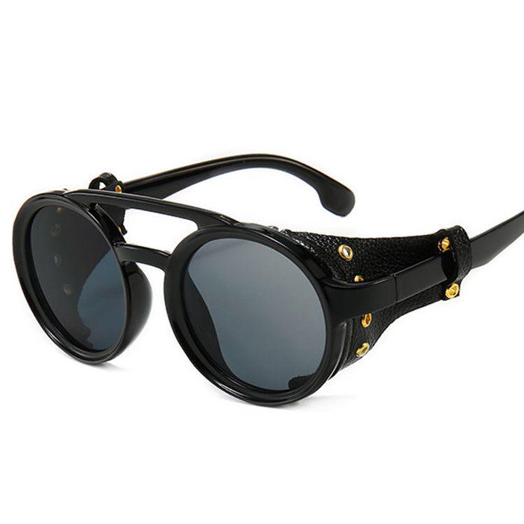 Retro Punk Round Frame Sunglasses with Leather Case for Men and Women - European and American Style Driving Shades