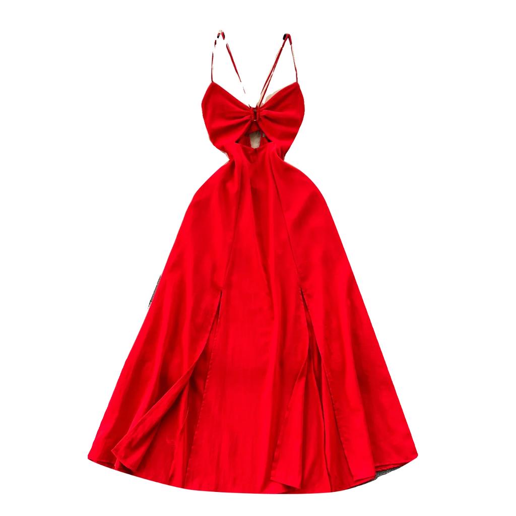 Design Hollow-out Wrap-around Hanging Neck Dress Scheming Strap Slim Fit Long Over-the-Knee Split Vacation Suspender Dress