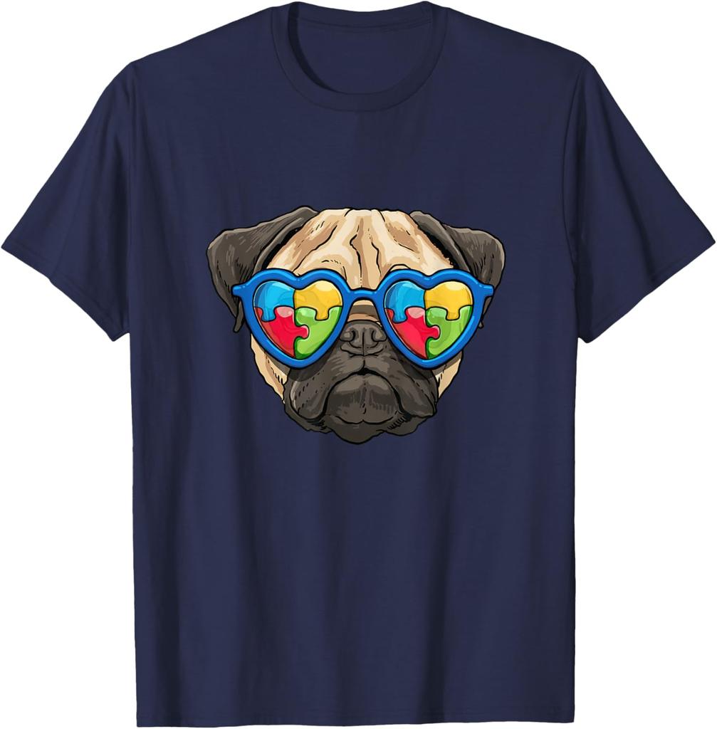 Autism Awareness Pug Dog Heart Puzzle Sunglasses Graphic Tee Casual Cotton T-Shirt for Boys