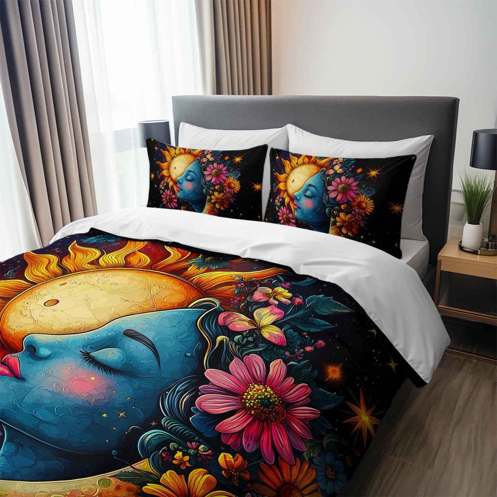 3pcs Celestial Sun Moon Floral Bedding Duvet Cover Set Bohemian Sun Moon Bedding Set Bohemian Themed Bed Quilt Set Starry Night