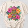 Neon Tiki Mask Graphic Tee, Tropical Hibiscus Print, Comfort Colors Cotton