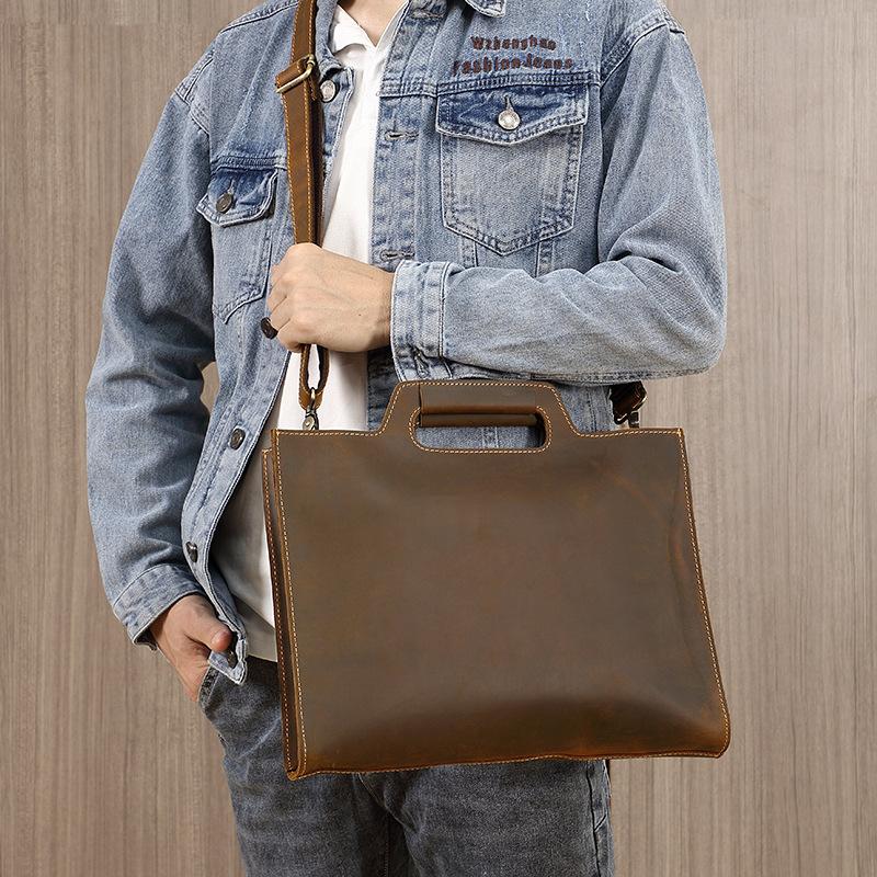 

Men s Genuine Leather Handbag, Top Layer Cowhide Briefcase, Yellow Ox Crazy Horse Retro Minimalist Crossbody Bag, Computer Bag