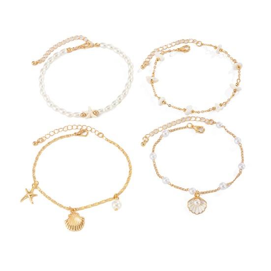 Beach Anklet for Women, Starfish Shell Fish Tail Pendant Boho Bracelet, Layered Faux Pearl Foot Chain for Summer Vacation