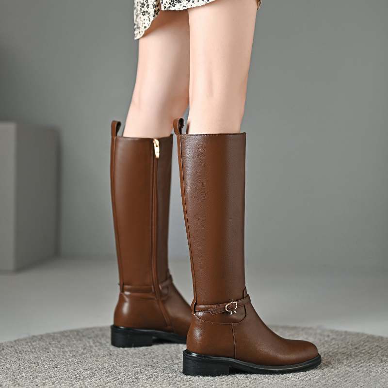 Krazing Pot Piele de vaca Pantofi Toamna Iarna Toc Mediu Gros Marime 45 Marime 44 Piele Incrucisata Femei Mentine Caldura Cizme inalte pe coapsa