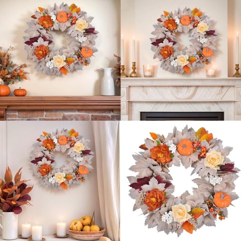 Autumn Wreath Realistic Pumpkin Leaf Wreath For Door Mantels Wall Halloween Thanksgiving Holiday Party Centerpieces
