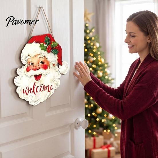 Snowman Christmas Plaques Wooden Hanging Sign, 2D Santa Welcome Door Plaque, Xmas Wall Winter Holiday Hangers Ornament, Decor for Front Porch,