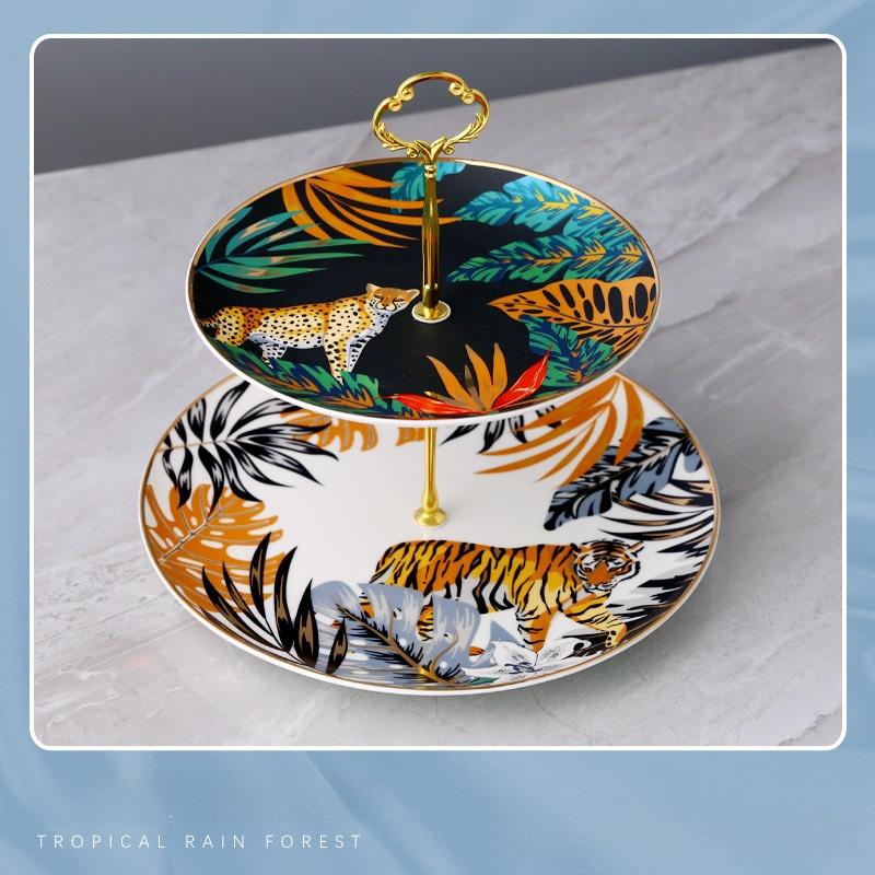

Nordic Light Luxury Cake Stand Double Fruit Plate Fantasy Jungle Animal Tray Household Dim Sum Candy Plate Ceramic Tableware
