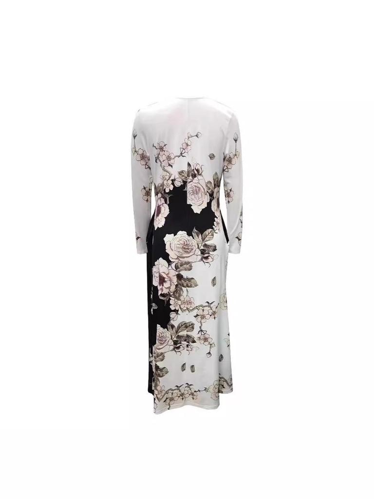 Elegant Plus Size Long Sleeve Printed Dress with Pockets and High Waist Hem