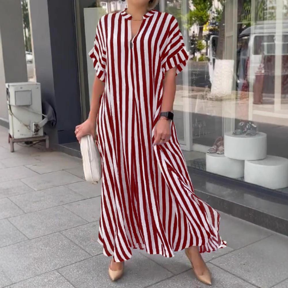 In stock, European and American women's clothing fashion trend split-ended loose casual striped dress