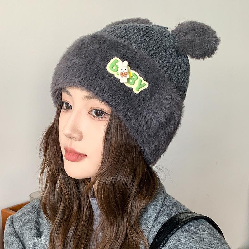 Cute plush bear hat women's autumn and winter warm versatile pullover cold hat fashionable thickened knitted ear protector wool hat