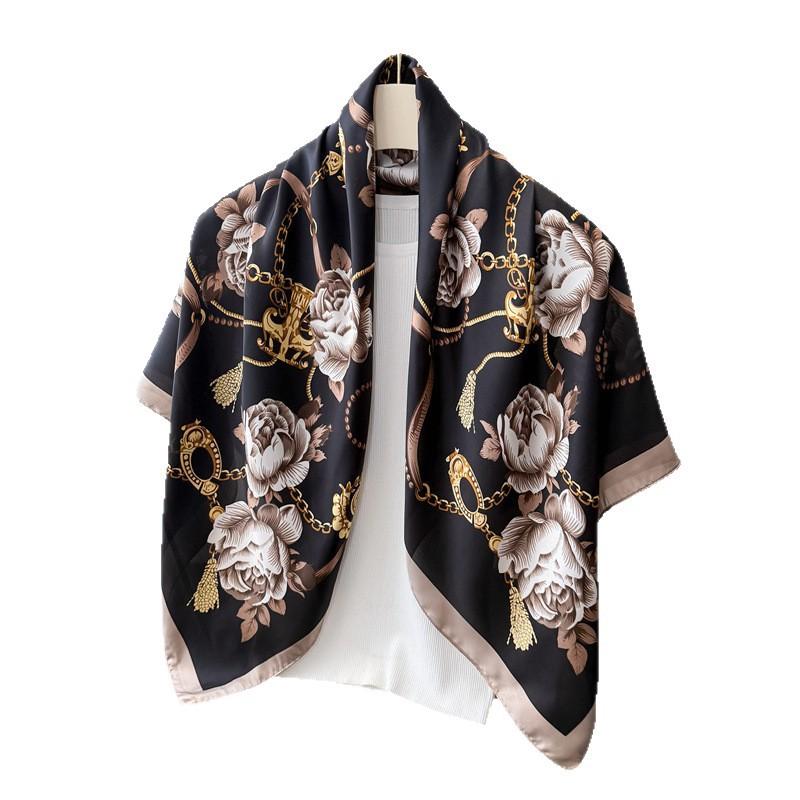Chain Flower Simulation Silk Printing Large Square Scarf Silk Scarf Shawl Headscarf Beach Scarf Neck Protection Scarf Decorative Women'S Scarf