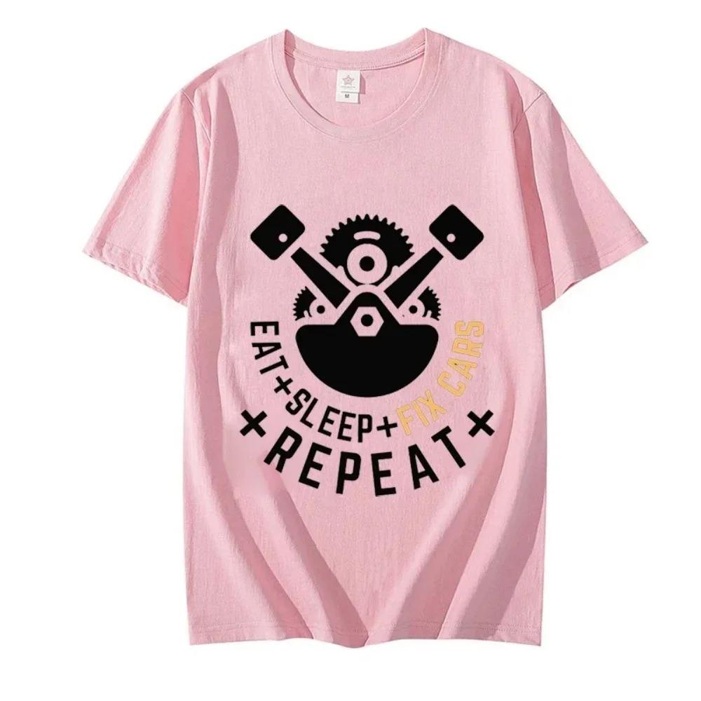 New Trendy Men T-shirt Eat Sleep Fix Cars Repeat Engine Funny Men Oversized T-shirts Tops Black Brand Tee Summer Fashion Shirt