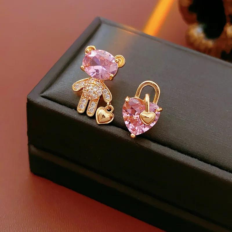 Zinc Alloy Zinc Alloy Needle Zircon Bear Love Earrings for Women High-end Asymmetric Stud Earring Fashionable Versatile Sweet Zircon