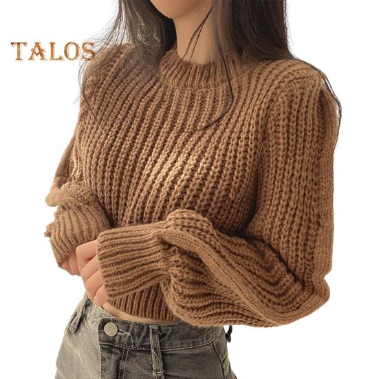 Осенне-зимний трикотажный топ с круглым вырезом длинным рукавом однотонный свободный покрой повседневный топ с ребристым краем пуловер свитер кофейный 1784₽