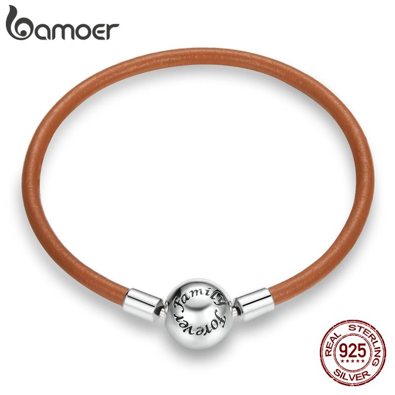 

BAMOER Винтаж 925 Стерлинг Серебряный Коричневый Кожа Цепь Ретро Европейский Браслет Заявление для женщин DIY изобразительных ювелирных изделий