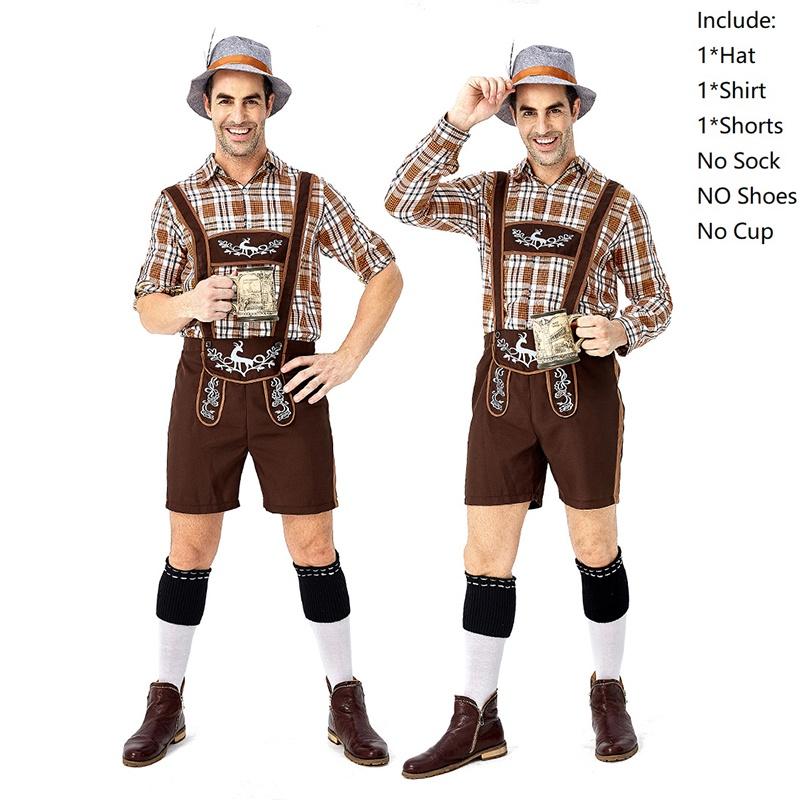 Stylish German Oktoberfest Clothing Men Fawn Print Khaki Plaid Costume Set