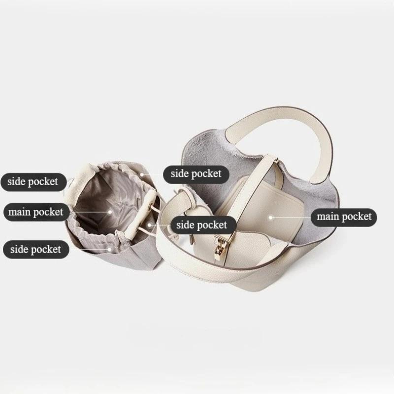 Luxury Brand Genuine Leather Shoulder Bucket Bag Women Litchi Pattern Mini Basket Tote Soft Handbag Mommy Bride Wedding Bags with Lock