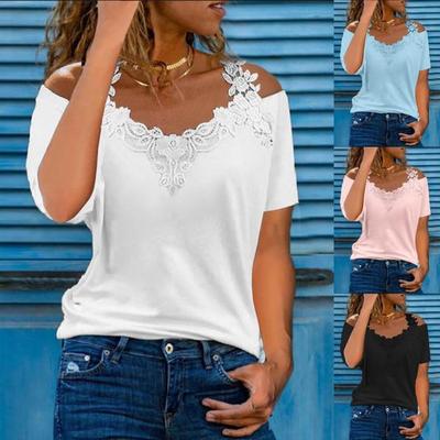 European & American Lace V-Neck Women's Short Sleeve Solid Color Casual T-Shirt