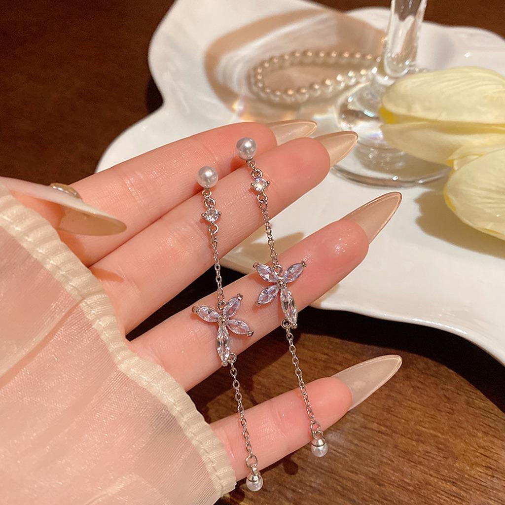 S925 Silver Earrings Shiny Zircon Dangle Earrings Tassel Drop Earrings Delicate For Wearing For Long Time Friend Gatherings