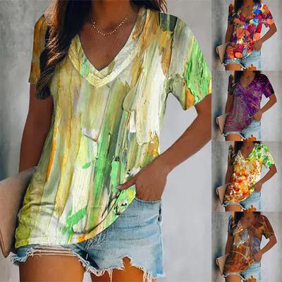 Women's New Short-Sleeved V-Neck Printed Color Pattern Short-Sleeved T-Shirt Oversized Women's Top Y2K Style Breathable T-Shirt