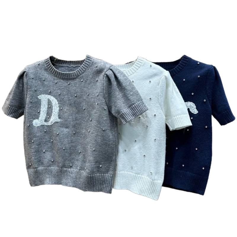 Di Jia 2026 Early Autumn Rhinestone Knit Short Sleeve Loose Women's Sweater
