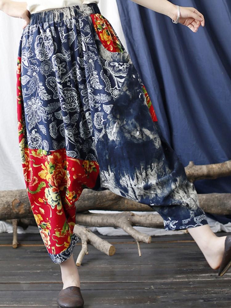 Johnature Cotton Ankle Length Pants LOOSE Cotton Linen Pockets MID Spring Autumn WOMEN Vintage Elastic Waist Pants