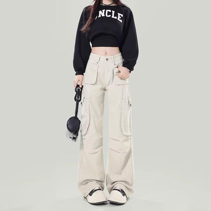 Women's Early Spring Apricot Cargo Jeans: New Design, Multi-Pocket, Loose, Wide-Leg, Floor-Length