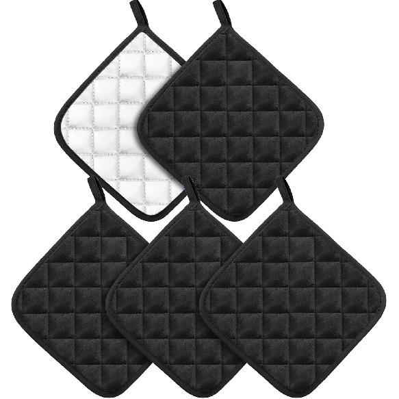 5 Pack Pot Holders for Kitchen Heavy Duty Hot Pads, Hot Pads for Kitchen,8 Inch Square Potholders for Cooking, Baking & Grilling (Black) GRD001_BK_8x8IN_5PCS