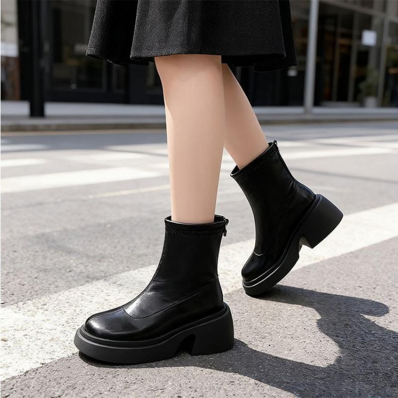 Casual women's shoes with thick soles and thick heels, fitted ankle boots
