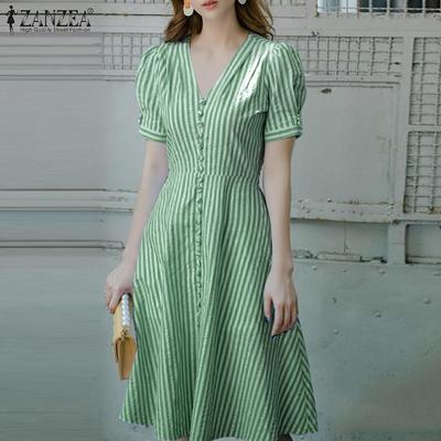 Women Summer V-Neck Casual Short Sleeve Stripe Dress