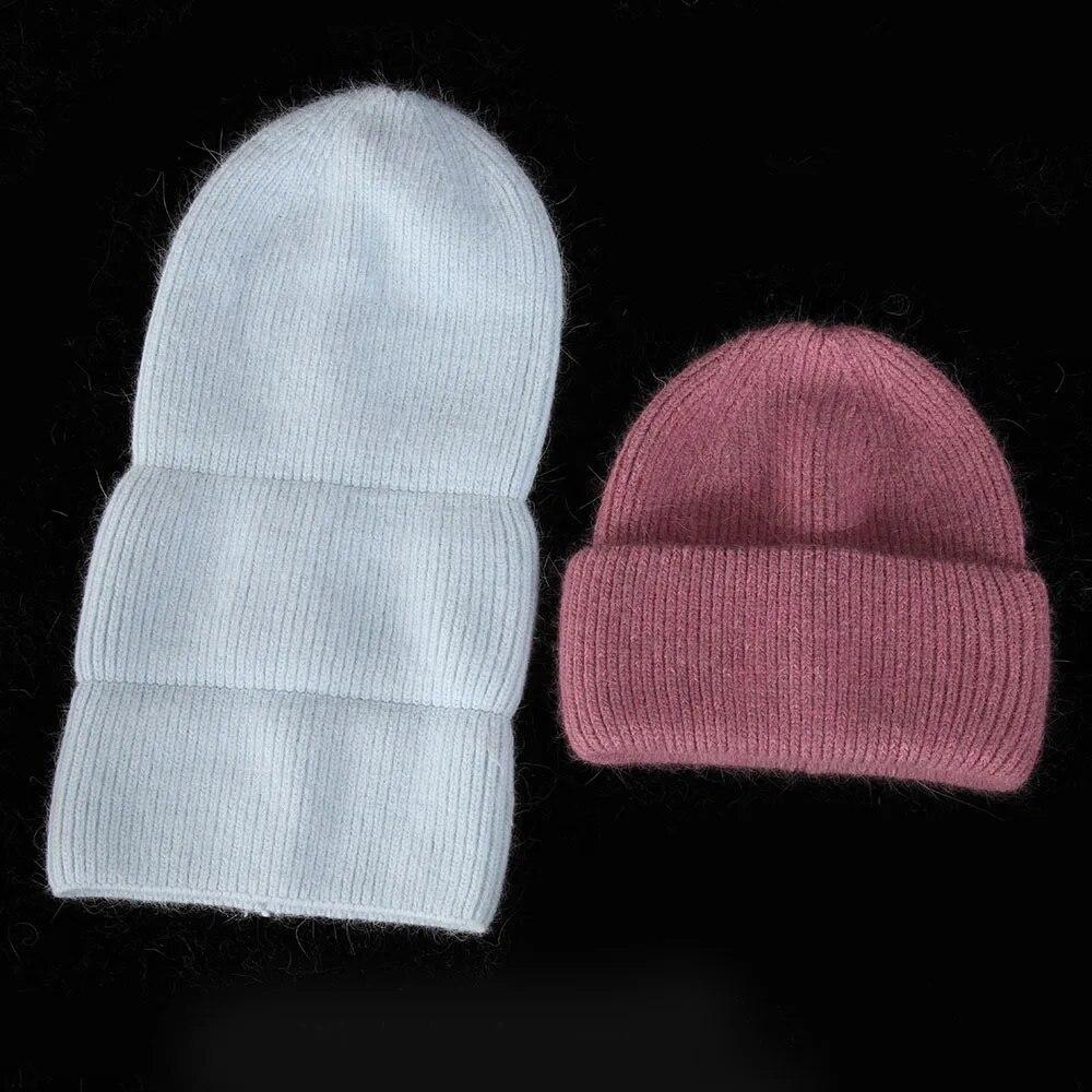 Winter Real Rabbit Fur Knitted Beanies For Women Fashion Solid Warm Cashmere Wool Skullies Beanies Female Fold Thick Hats