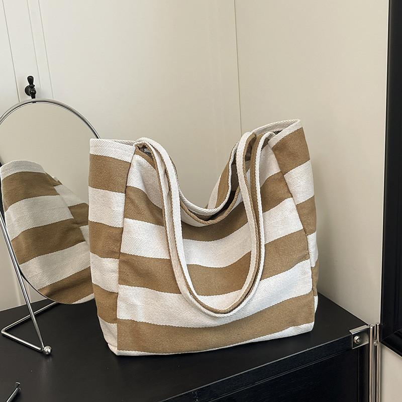 Canvas Large Capacity Bag With Stripes For Casual Daily Use