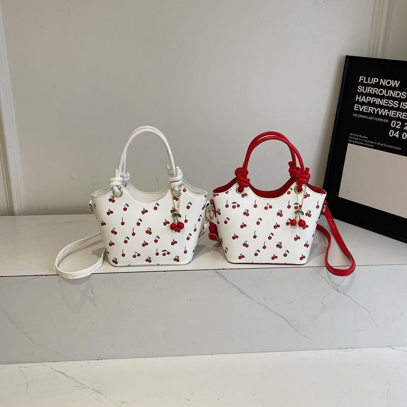 Schoolbag Women's 2026 Single Shoulder Underarm Handbag Trendy Girl Fashion Commuting Cute Cherry Print And Pendant Large Capacity Handbags