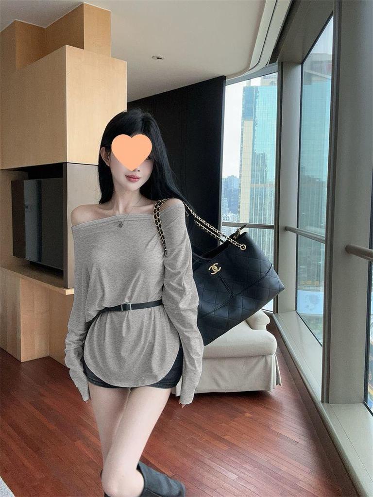 Korean Style One-Shoulder Long-Sleeve Women's T-Shirt, Slimming and Flattering Autumn Base Layer with Belt, Beautiful New Arrival