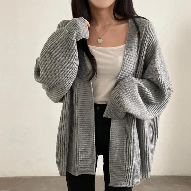 Women's Simple Solid Color Loose Knit Cardigan – European & American Style for Spring, Autumn, Winter